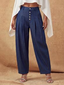 SHEIN Lunessa Fashionable Commuter Curved Leg Denim Effect Pants - Blue - View 3