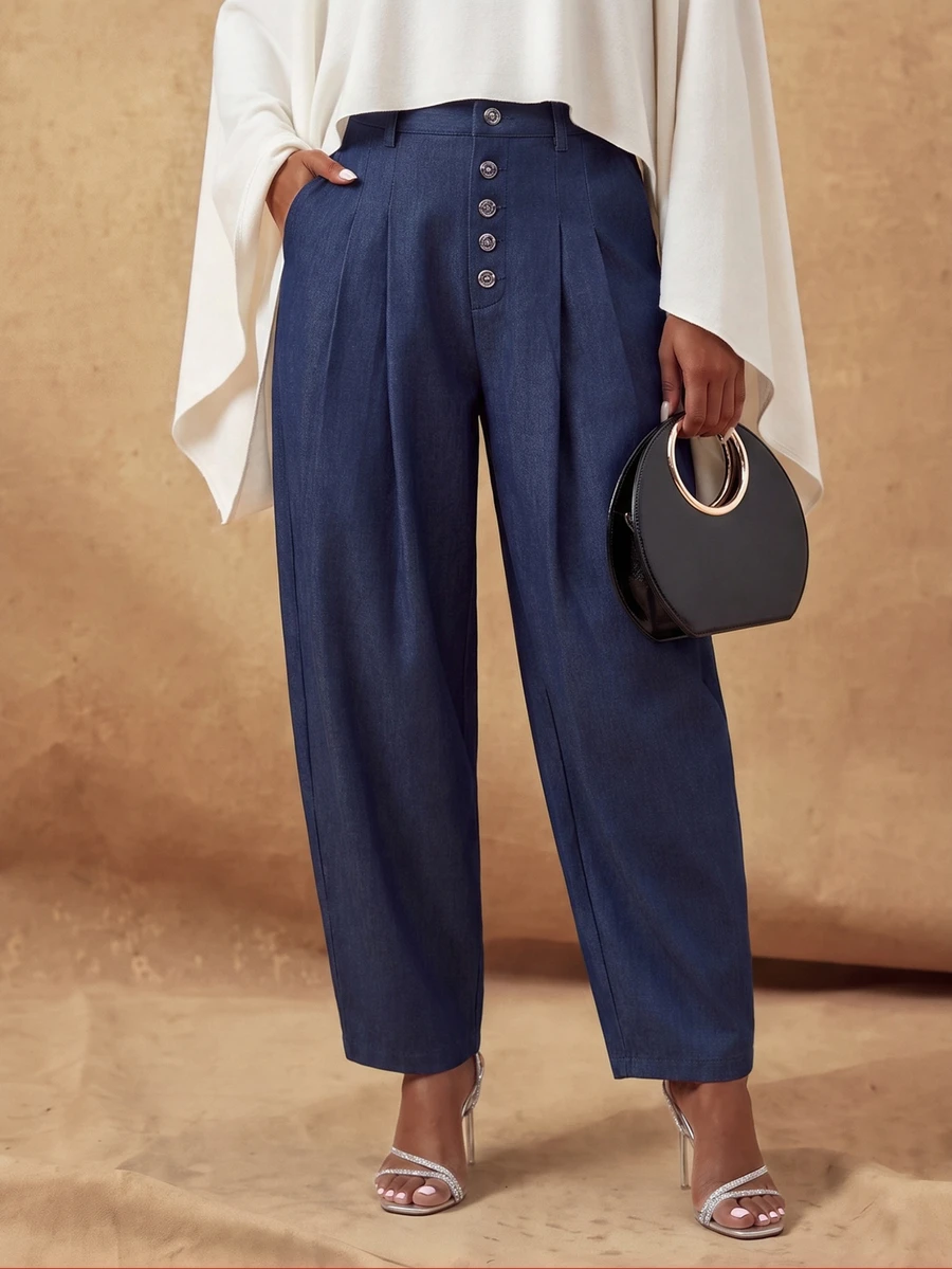 SHEIN Lunessa Fashionable Commuter Curved Leg Denim Effect Pants - Blue - View 1