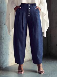 SHEIN Lunessa Fashionable Commuter Curved Leg Denim Effect Pants - Blue - View 4