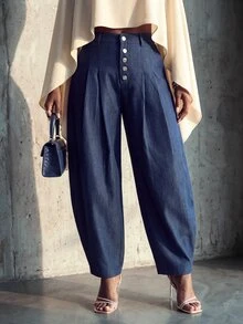 SHEIN Lunessa Fashionable Commuter Curved Leg Denim Effect Pants - Blue - View 5