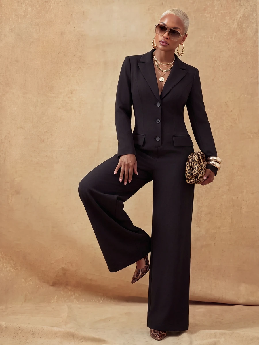 SHEIN Lunessa Fashionable Commuter Black Blazer Jumpsuit - Black - View 1