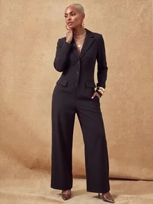 SHEIN Lunessa Fashionable Commuter Black Blazer Jumpsuit - Black - View 7