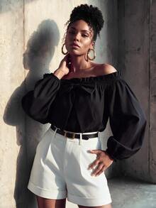 SHEIN Lunessa Off-Shoulder Front Bowknot Strap Fashion Top - Black - View 3