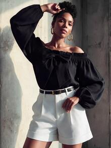 SHEIN Lunessa Off-Shoulder Front Bowknot Strap Fashion Top - Black - View 6