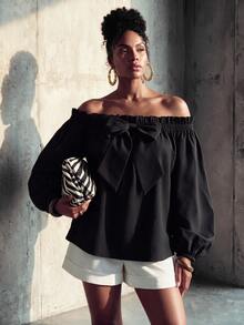 SHEIN Lunessa Off-Shoulder Front Bowknot Strap Fashion Top - Black - View 4