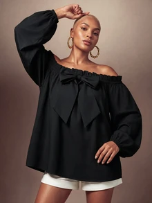 SHEIN Lunessa Off-Shoulder Front Bowknot Strap Fashion Top - Black - View 1