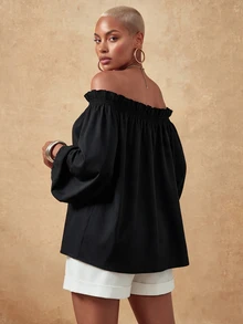 SHEIN Lunessa Off-Shoulder Front Bowknot Strap Fashion Top - Black - View 2