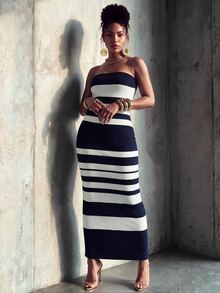 SHEIN LUNE Women's Fashion French Stripe Colorblock Back Slit Bandeau Dress - Multicolor - View 6