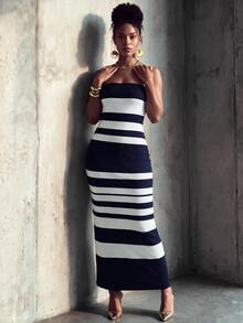 SHEIN LUNE Women's Fashion French Stripe Colorblock Back Slit Bandeau Dress - Multicolor - View 4
