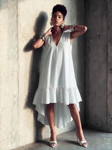 Lunelith SHEIN Lunessa Women's Solid Color V-Neck Ruffle Hem High-Low Hemline Fashion Sleeveless Midi Dress - White - View 3