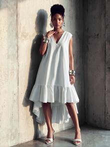 Lunelith SHEIN Lunessa Women's Solid Color V-Neck Ruffle Hem High-Low Hemline Fashion Sleeveless Midi Dress - White - View 4