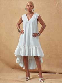 Lunelith SHEIN Lunessa Women's Solid Color V-Neck Ruffle Hem High-Low Hemline Fashion Sleeveless Midi Dress - White - View 1