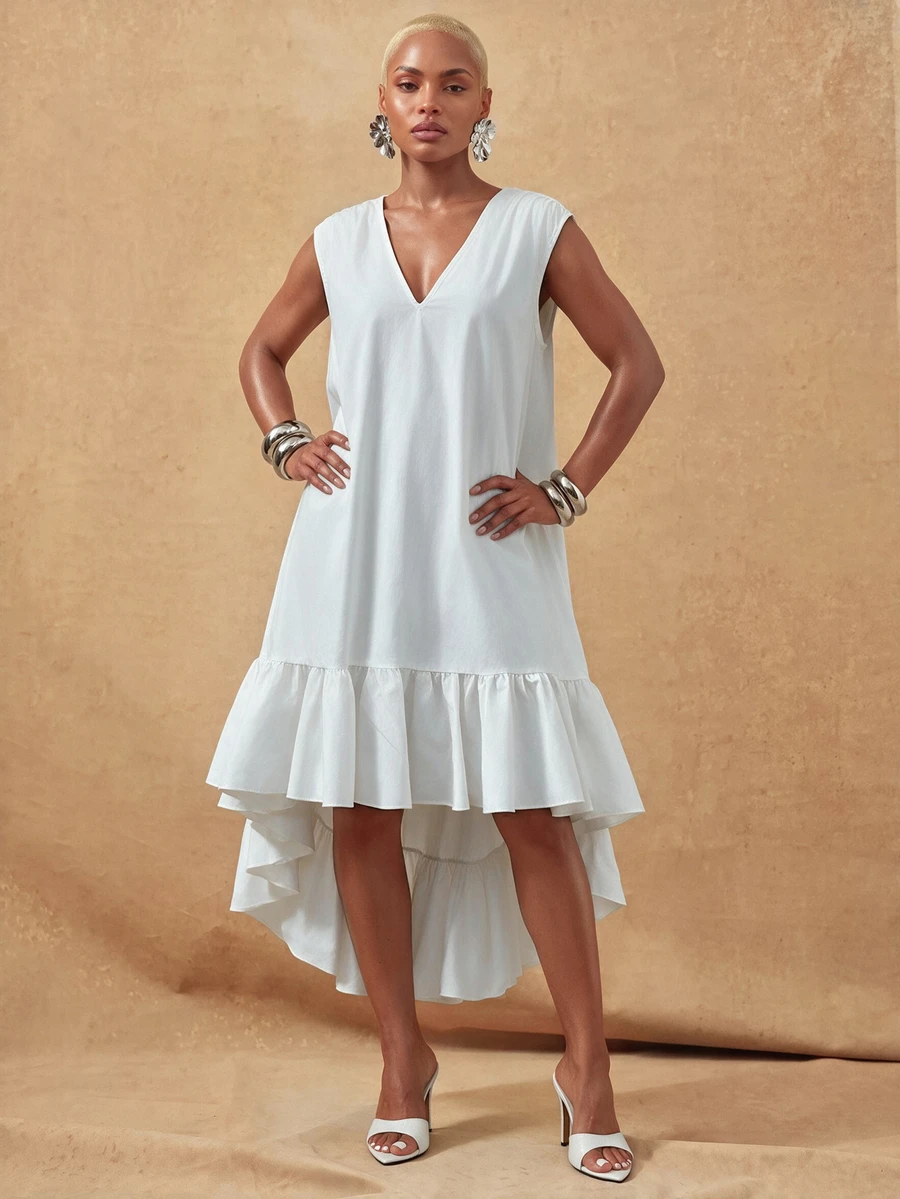 Lunelith SHEIN Lunessa Women's Solid Color V-Neck Ruffle Hem High-Low Hemline Fashion Sleeveless Midi Dress - White - View 1