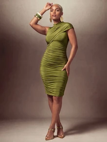 Lunelith SHEIN Lunessa Women's Elegant Commuter Solid Color Ruched Fitted Dress - Avocado Green - View 3