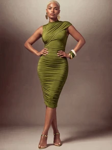 Lunelith SHEIN Lunessa Women's Elegant Commuter Solid Color Ruched Fitted Dress - Avocado Green - View 4