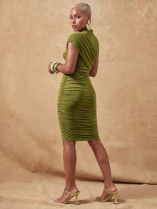 Lunelith SHEIN Lunessa Women's Elegant Commuter Solid Color Ruched Fitted Dress - Avocado Green - View 2