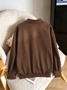 SHEIN 青少年女孩復古翻領麂皮感夾克，寬鬆落肩休閒外套，彈性下擺設計，極簡純色上衣，側口袋百搭實用，春秋冬季青少年女孩日常街頭通勤外套，慵懶隨性女孩夾克，多場景實用百搭上衣外套 - 棕色 - 查看 2