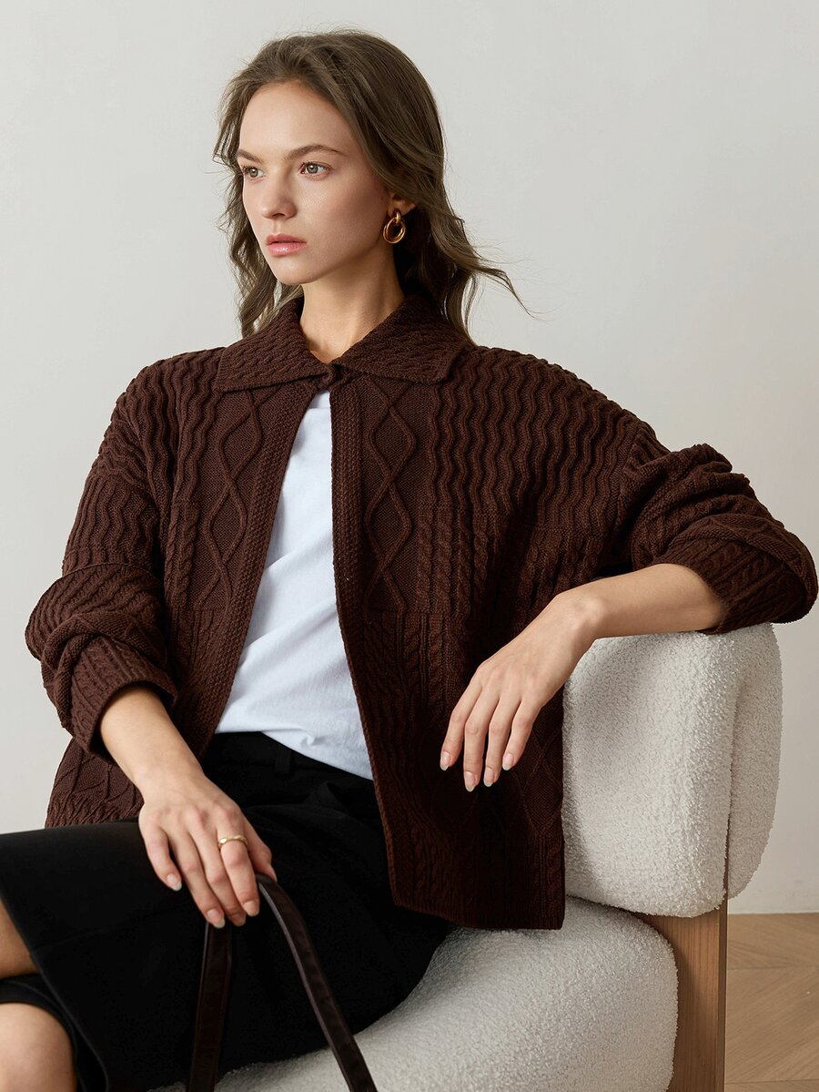 Dazy-Less Women's Vintage Cable Knit Button Front Long Sleeve Cardigan - Coffee Brown - View 1
