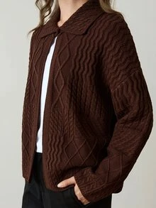 Dazy-Less Women's Vintage Cable Knit Button Front Long Sleeve Cardigan - Coffee Brown - View 4