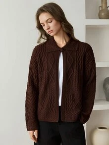 Dazy-Less Women's Vintage Cable Knit Button Front Long Sleeve Cardigan - Coffee Brown - View 3
