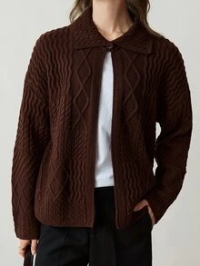 Dazy-Less Women's Vintage Cable Knit Button Front Long Sleeve Cardigan - Coffee Brown - View 6