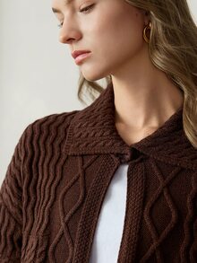 Dazy-Less Women's Vintage Cable Knit Button Front Long Sleeve Cardigan - Coffee Brown - View 5