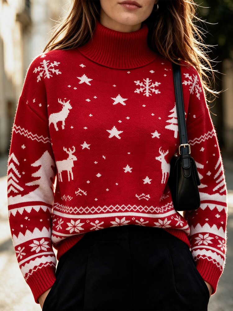 Balvessa Christmas Reindeer Snowflake Jacquard High Neck Dropped Shoulder Long Sleeve Ribbed Cuff Fashion Casual Women's Sweater - Multicolor - View 1