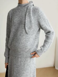Dazy-Less 女款2件套：灰色圓領長袖針織毛衣與高腰修身羅紋針織長褲，冬季 - 灰色 - 查看 5