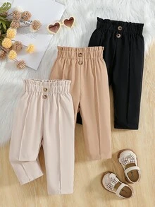 SHEIN Vintaside Kids 3件組女嬰素色褲子套裝 春季/秋季可愛女嬰 秋冬校園居家 米色 白色 黑色 - 彩色 - 查看 2