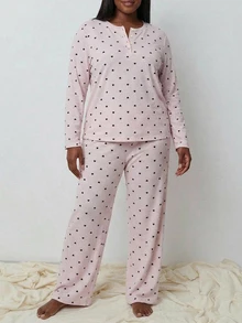 Dazy Plus Heart & Floral Print Loose Cute Long Sleeve Top & Pants 2-Piece Set Spring/Autumn Pajama Set - Pink - View 3