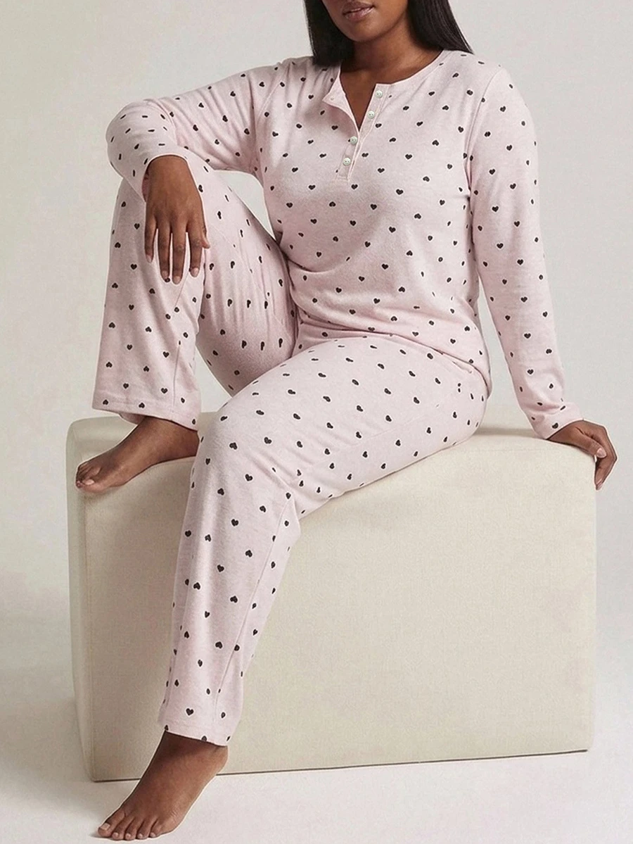 Dazy Plus Heart & Floral Print Loose Cute Long Sleeve Top & Pants 2-Piece Set Spring/Autumn Pajama Set - Pink - View 1