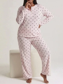 Dazy Plus Heart & Floral Print Loose Cute Long Sleeve Top & Pants 2-Piece Set Spring/Autumn Pajama Set - Pink - View 5