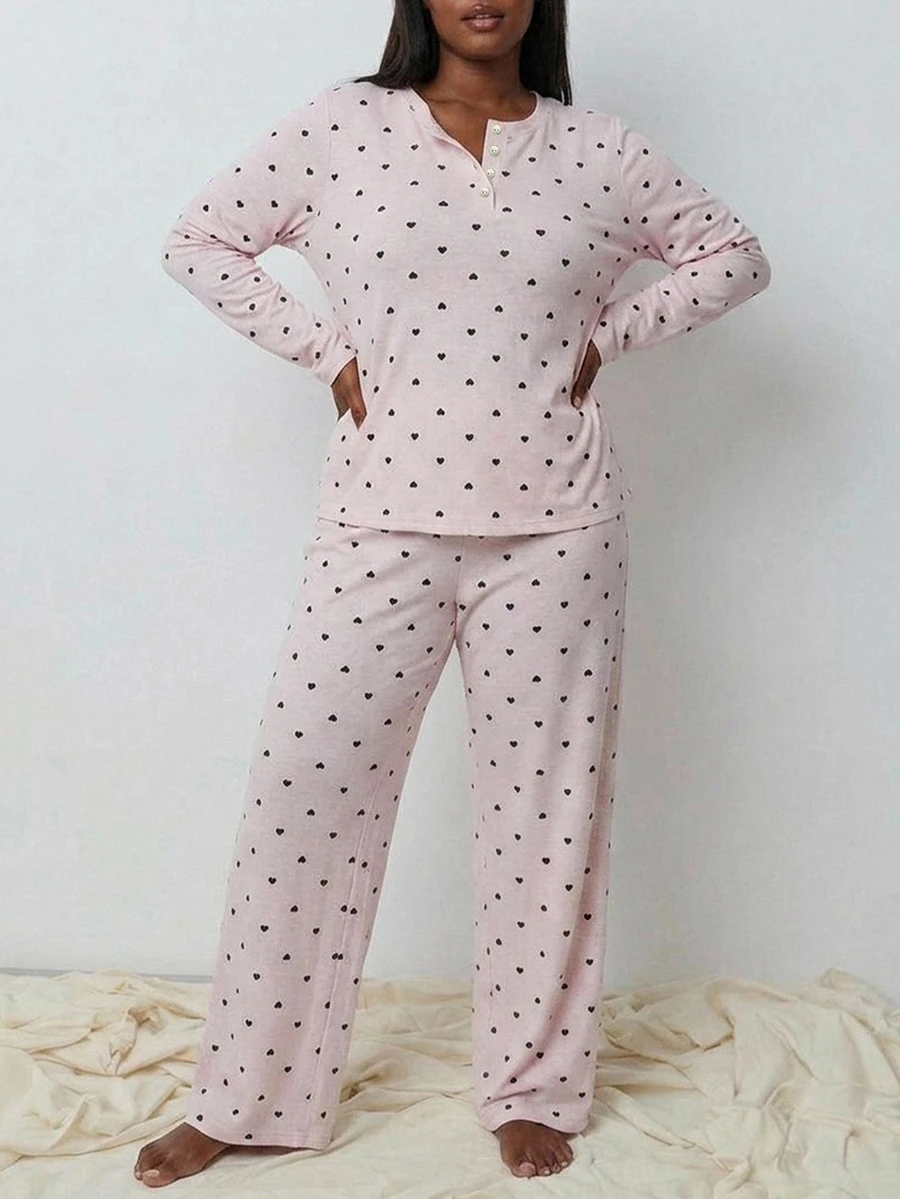 Dazy Plus Heart & Floral Print Loose Cute Long Sleeve Top & Pants 2-Piece Set Spring/Autumn Pajama Set - Pink - View 1
