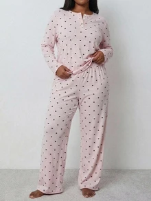 Dazy Plus Heart & Floral Print Loose Cute Long Sleeve Top & Pants 2-Piece Set Spring/Autumn Pajama Set - Pink - View 4