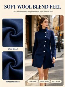 SHEIN Mantel Wanita Model Slim Fit dengan Kerah Tegak Asimetris untuk Acara Komuter dan Jamuan Makan. - Navy Blue - View 7