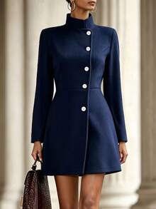 SHEIN Mantel Wanita Model Slim Fit dengan Kerah Tegak Asimetris untuk Acara Komuter dan Jamuan Makan. - Navy Blue - View 6