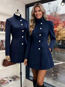 SHEIN Mantel Wanita Model Slim Fit dengan Kerah Tegak Asimetris untuk Acara Komuter dan Jamuan Makan. - Navy Blue - View 4