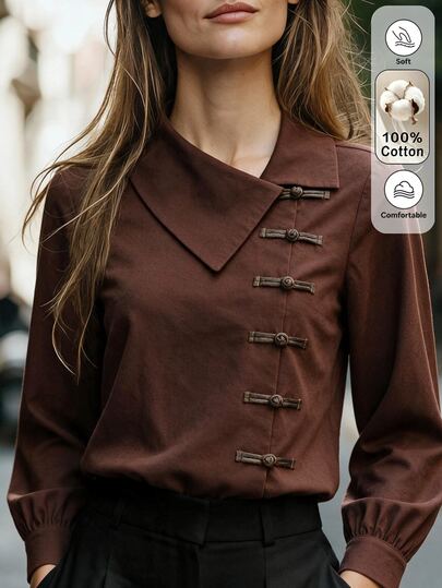Louniche Women's Autumn/Winter Fashion Casual Brown Asymmetric Placket Design Loose Fit Shirt Suitable For Daily Commute, Shopping, Home, And Walking