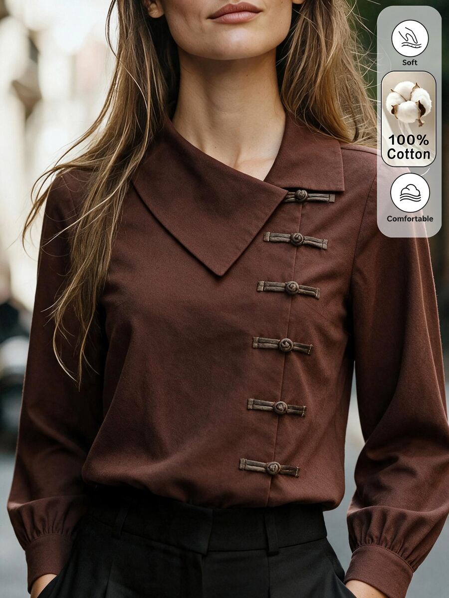 Breezaya Women's Autumn/Winter Fashion Casual Brown Asymmetric Placket Design Loose Fit Shirt Suitable For Daily Commute, Shopping, Home, And Walking - Brown - View 1
