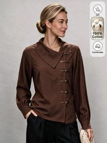 Breezaya Women's Autumn/Winter Fashion Casual Brown Asymmetric Placket Design Loose Fit Shirt Suitable For Daily Commute, Shopping, Home, And Walking - Brown - View 8