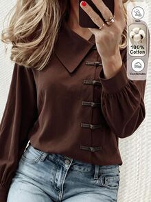 Breezaya Women's Autumn/Winter Fashion Casual Brown Asymmetric Placket Design Loose Fit Shirt Suitable For Daily Commute, Shopping, Home, And Walking - Brown - View 4