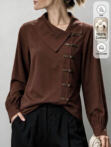 Breezaya Women's Autumn/Winter Fashion Casual Brown Asymmetric Placket Design Loose Fit Shirt Suitable For Daily Commute, Shopping, Home, And Walking - Brown - View 3