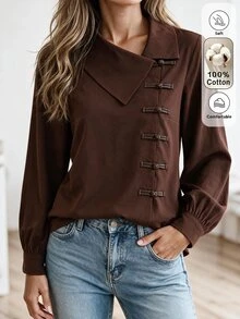 Breezaya Women's Autumn/Winter Fashion Casual Brown Asymmetric Placket Design Loose Fit Shirt Suitable For Daily Commute, Shopping, Home, And Walking - Brown - View 7