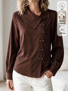 Breezaya Women's Autumn/Winter Fashion Casual Brown Asymmetric Placket Design Loose Fit Shirt Suitable For Daily Commute, Shopping, Home, And Walking - Brown - View 5