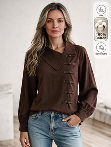 Breezaya Women's Autumn/Winter Fashion Casual Brown Asymmetric Placket Design Loose Fit Shirt Suitable For Daily Commute, Shopping, Home, And Walking - Brown - View 6