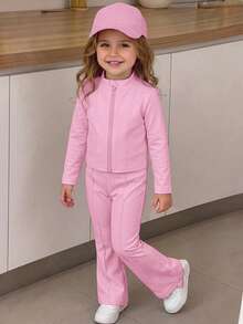 SHEIN Kids Young Girl Solid Color Zipper Long Sleeve Top And Flared Pants Casual Daily Set - Pink - View 4