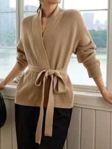Dazy-Less Women's Solid Color Drop Shoulder Long Sleeve Waist Tie Knit Cardigan Fall - Khaki - View 5