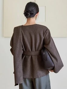 Dazy-Less Women's Winter Coffee Brown Lapel Button Long Sleeve Thick Wool Blend Cinched Waist Mid-Length Coat - Coffee Brown - View 2