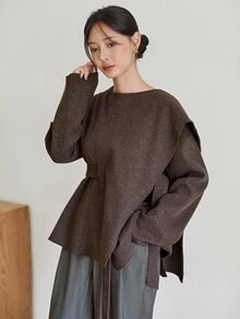 Dazy-Less Women's Winter Coffee Brown Lapel Button Long Sleeve Thick Wool Blend Cinched Waist Mid-Length Coat - Coffee Brown - View 3