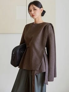 Dazy-Less Women's Winter Coffee Brown Lapel Button Long Sleeve Thick Wool Blend Cinched Waist Mid-Length Coat - Coffee Brown - View 1